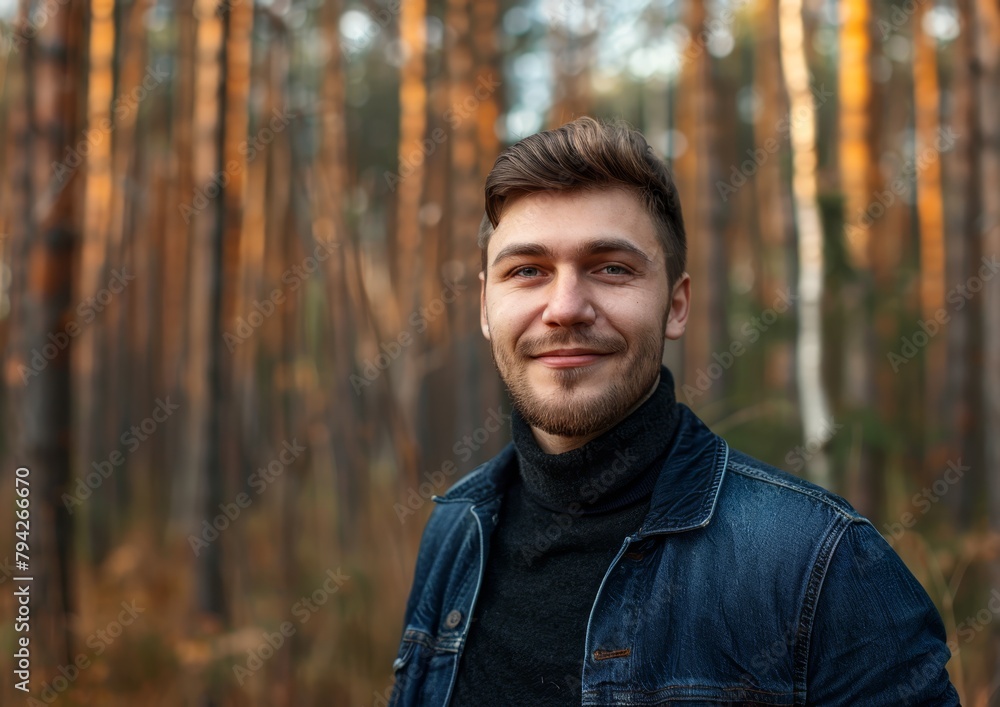  A man, beaming at the camera, stands before a forest teeming with trees beyond its edge