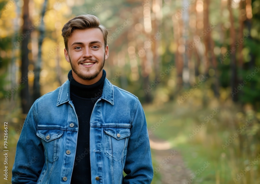A man in a denim jacket stands in the woods, hands in pockets, grinning at the camera A man in a denim jacket stands in the woods, hands in pockets, grinning at the camera