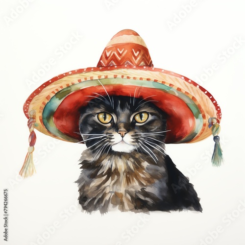 A watercolor painting of a cat wearing a sombrero. photo