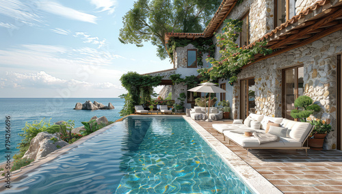 A beautiful Mediterranean style villa in Monaco with an infinity pool and outdoor seating, overlooking the sea. Created with Ai
