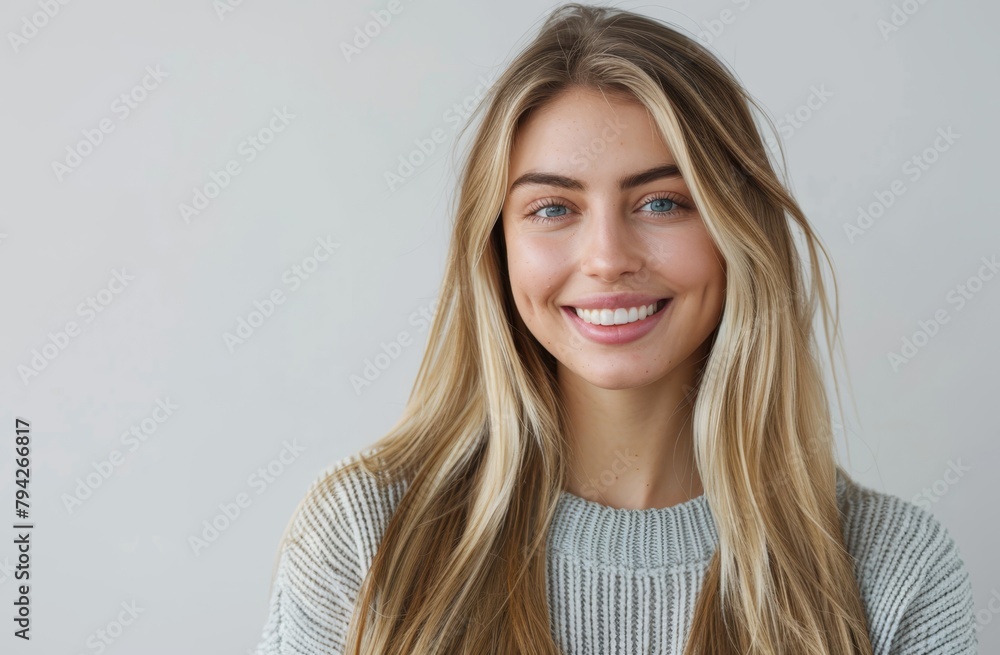 A woman with long blonde hair and blue eyes smiles at the camera, dressed in a gray sweater, against a white backdrop A woman with long blonde hair and blue eyes smiles at the camera, dressed in a gray sweater, against a white backdrop