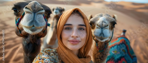 Young Moroccan woman embraces Sahara adventure taking selfies with camels in desert. Concept Travel Photography, Moroccan Culture, Desert Adventures, Portrait Poses, Camel Selfies photo