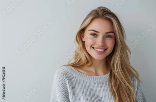  A stunning blonde woman, her blue eyes sparkling, smiles at the camera against a pristine white backdrop