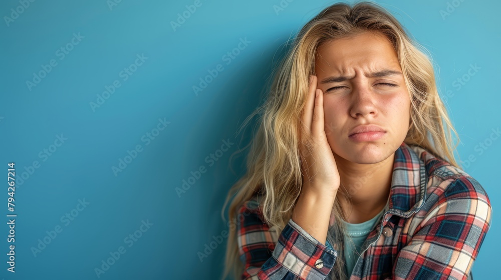 A woman places her hands over her face, covering it entirely A woman places her hands over her face, covering it entirely