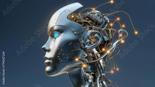 Advanced technology visual, side view of a humanoid head, eyes in blue and yellow, glowing neon neural connections