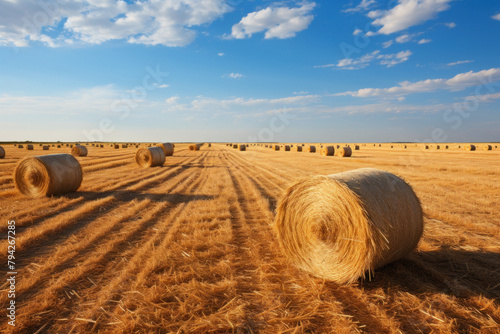 Field with haystacks on the background of picturesque nature