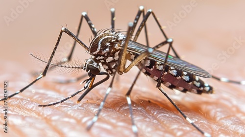   A tight shot of a mosquito on human skin, its head tilted sideways © Jevjenijs