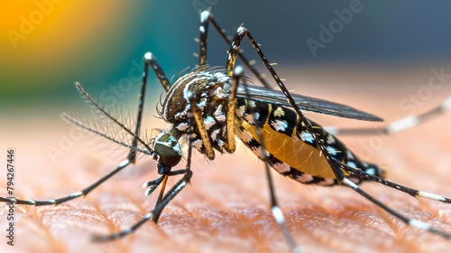  A tight shot of a mosquito on human skin, background blurred with a indistinct bottle dropper