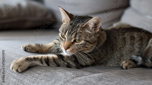   A cat sits on a couch  paw resting on the arm  gaze directed at the camera