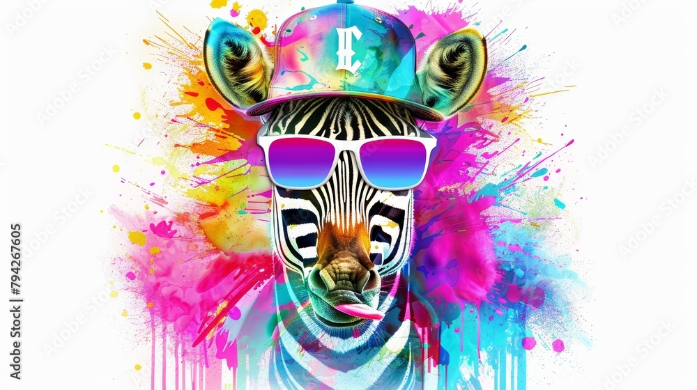 Cheerful and stylish cartoon zebra in sunglasses and a hip-hop cap, depicted in vivid colors on a white backdrop