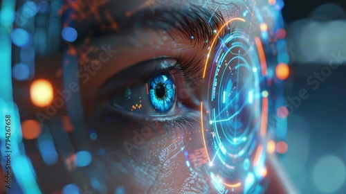 A visualization of an advanced biometric authentication system which uses a combination of facial recognition fingerprint scanning and iris recognition to ensure the .