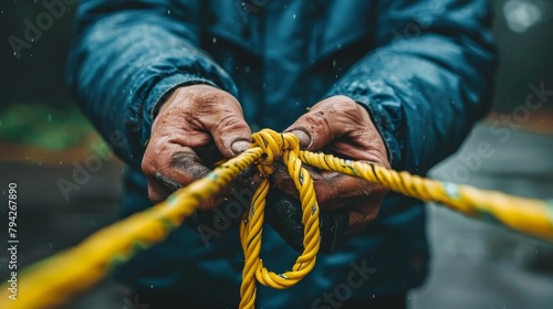   A person tightly grips one rope in each hand in this close-up image photo