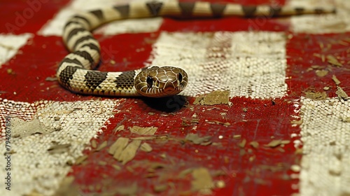  A snake atop a red-and-white checked tablecloth sits next to a black-and-white snake