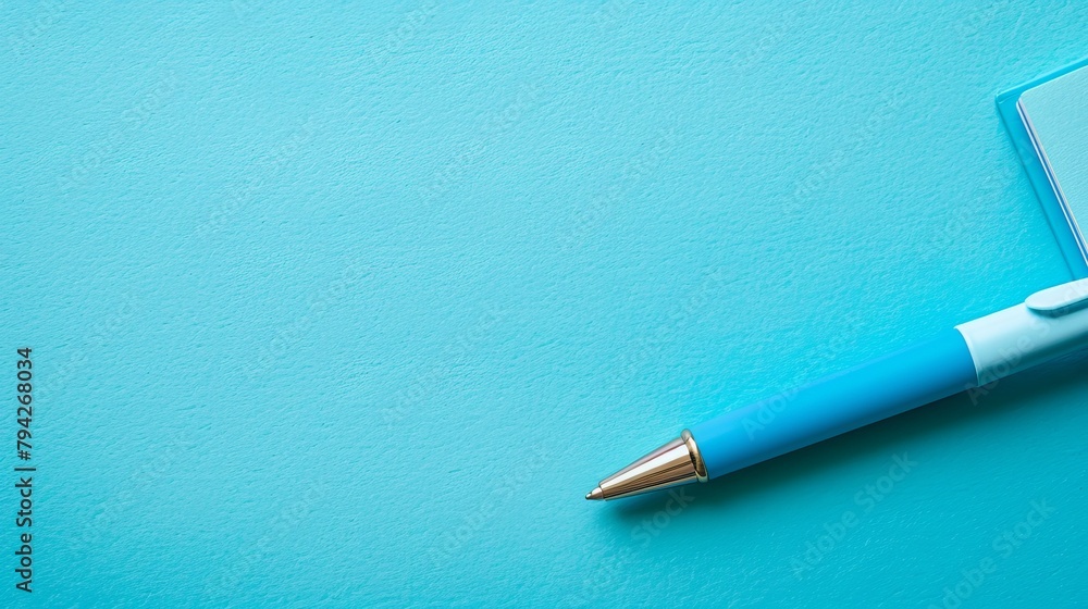 A pen atop a notepad on a blue surface; clipboard nearby with written content A pen atop a notepad on a blue surface; clipboard nearby with written content
