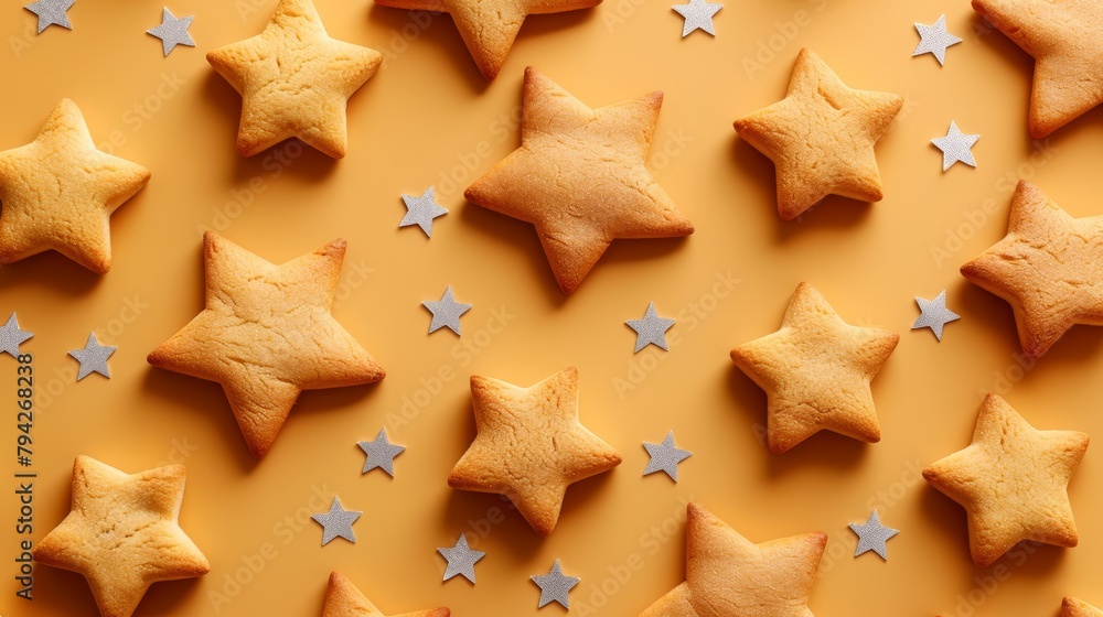 A collection of star-shaped cookies atop a yellow background, each adorned with a white star A collection of star-shaped cookies atop a yellow background, each adorned with a white star