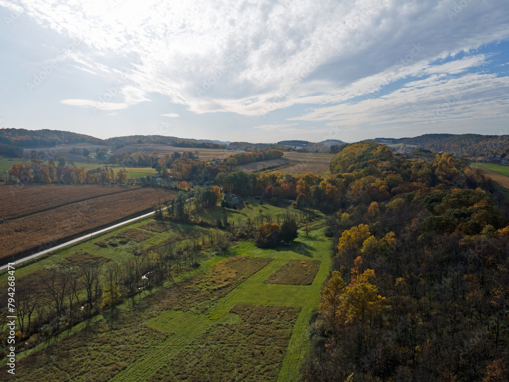 Aerial landscape of farmland in the Appalachian mountains in rural Herndon Central Pennsylvania
