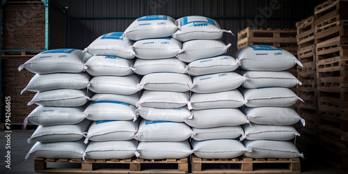 The hangar warehouse is filled with rows of massive white polyethylene bags, representing the inventory of industrial and logistics companies awaiting shipment.