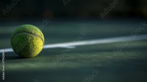   A tennis ball lies on the ground In the foreground, a tennis racket is positioned ready for use Behind it, a expansive tennis court stretches out in the background © Jevjenijs
