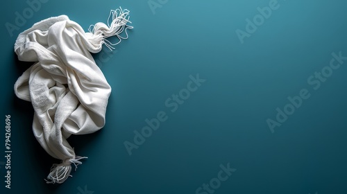  A white cloth on a blue surface, each end secured with a string
