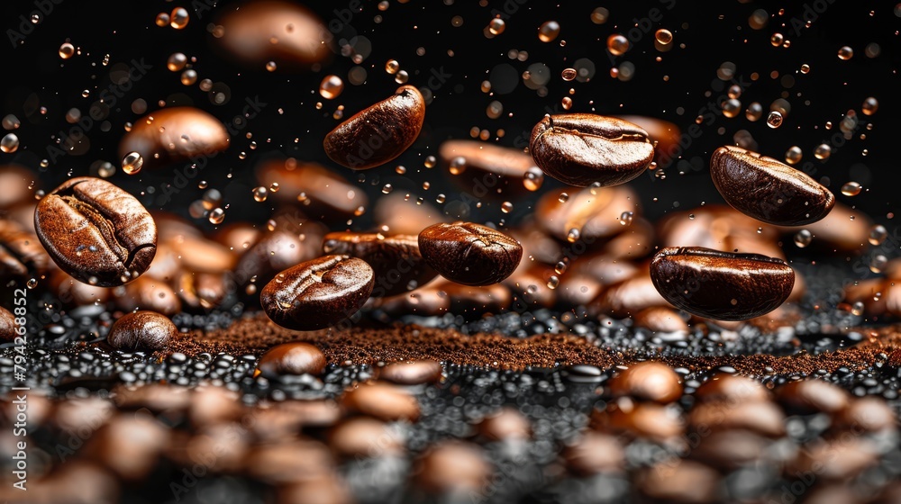 A cluster of coffee beans cascading onto a mound of beans against a dark backdrop, with beads of water dripping to the surface below A cluster of coffee beans cascading onto a mound of beans against a dark backdrop, with beads of water dripping to the surface below