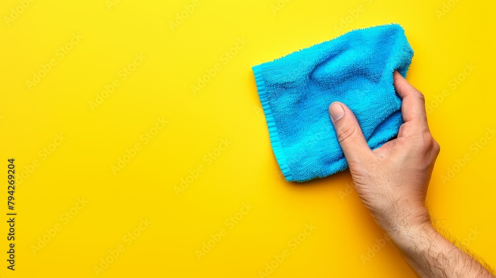 Person's hand holding a blue microfiber over a yellow background, another blue microfiber lying on the yellow surface Person's hand holding a blue microfiber over a yellow background, another blue microfiber lying on the yellow surface
