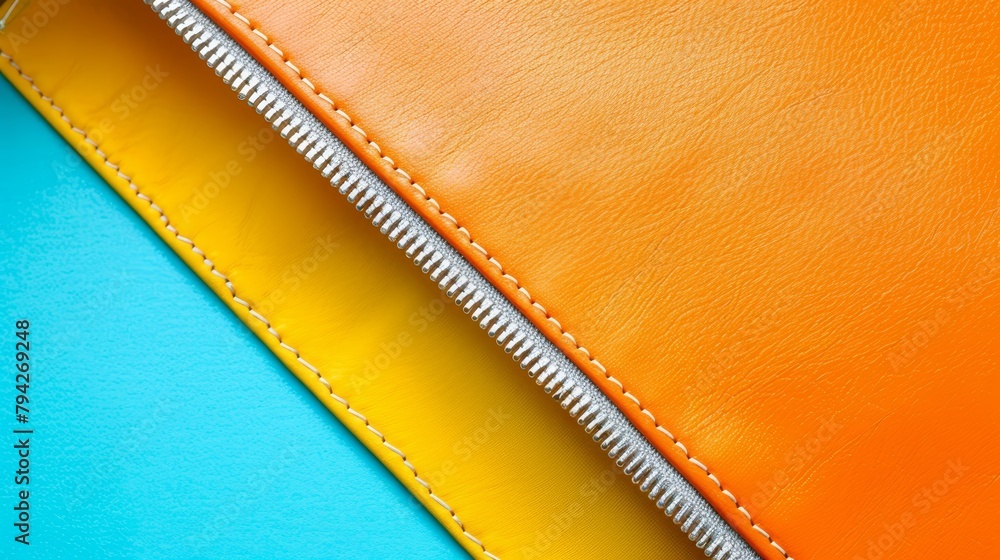   A tight shot of a wallet featuring a zipper against a multi-colored backdrop of blue, orange, yellow, and pink, accompanied by white stitching