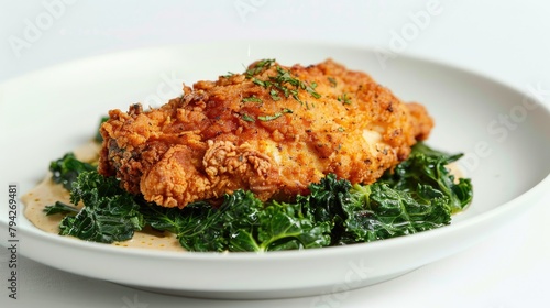 Close up of a succulent fried chicken breast with crispy kale on a white dish against a white backdrop