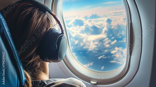 Young woman with headphones listening to music on the background of the clouds in the plane