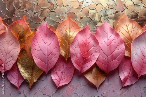 A closeup of pink and gold leaves on the branches, against a soft background. Created with Ai