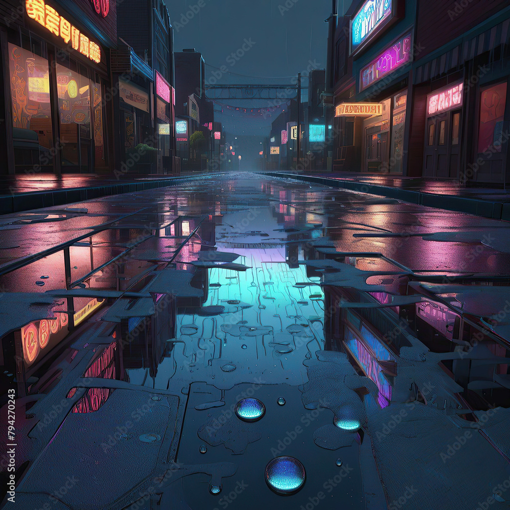 Rainy street in the city at night. 3D rendering.