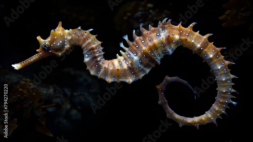 Graceful seahorse floating in dark waters, marine life in focus. Serene aquatic creature, suitable for educational and artistic use. Elegant simplicity, nature up close. AI