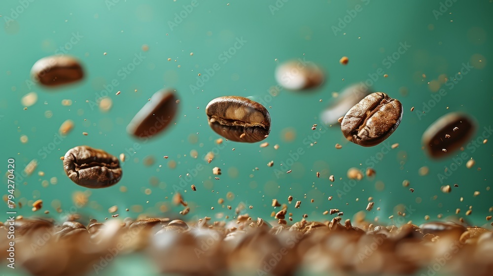 Coffee beans in flight hover above a mound of beans on a verdant tabletop Coffee beans in flight hover above a mound of beans on a verdant tabletop