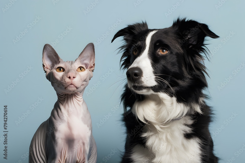 Hairless cat and fluffy dog gaze in opposite directions against blue backdrop