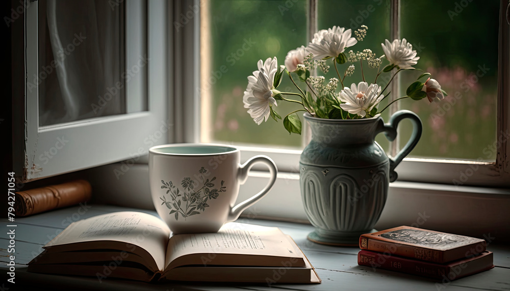 a cup of coffee and a book on with a windowsill in the background and a vase of flowers. Generative Ai,