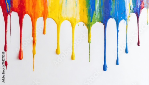  Rainbow colored paint dripping on white background. Banner with colored oil streaks