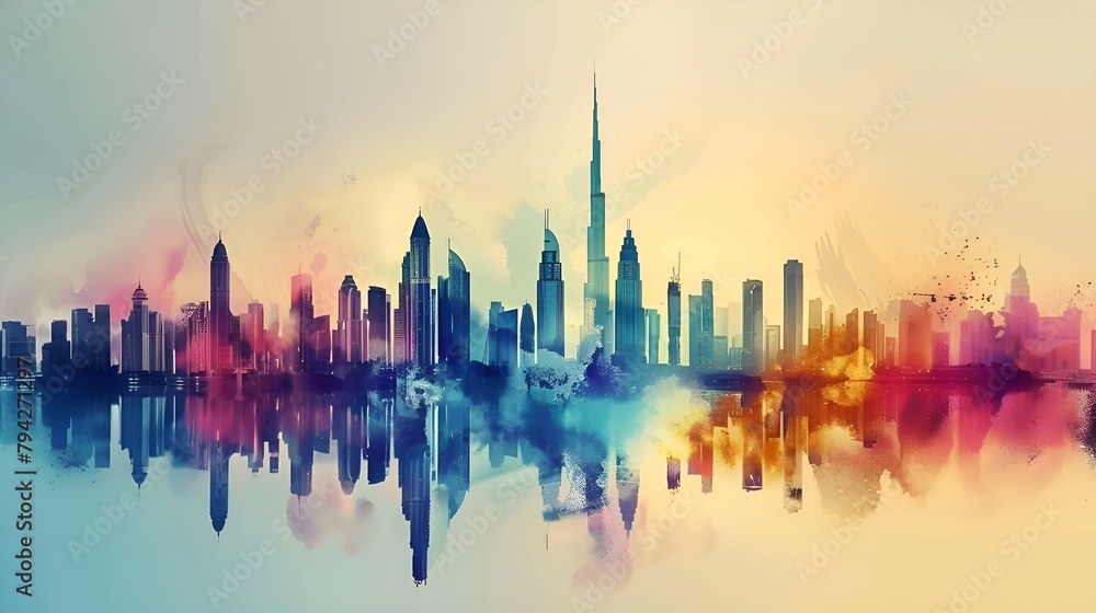 A banner with a watercolor abstract urban landscape with the sights of Dubai