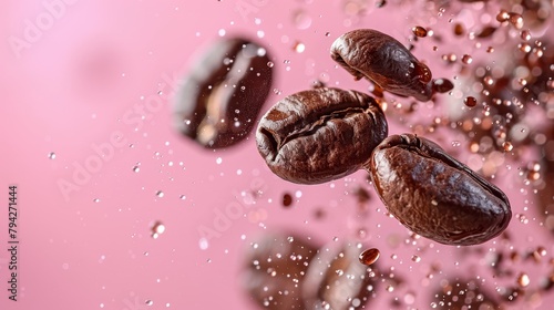   A cluster of coffee beans suspended in mid-air, dripping with water above and below