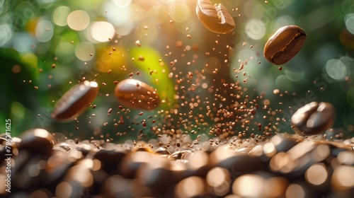  A group of coffee beans cascades into a mound against a backdrop of sunlit beans A solitary bean sits prominently in the foreground