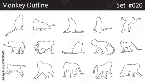 Minimal style monkey line drawing, Side view, set of graphics monkeys elements outline symbol for architecture and landscape design drawing. Vector illustration in stroke fill in white.