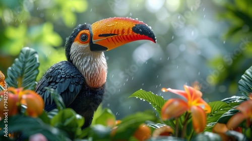 Exotic toucan in rainy tropical forest