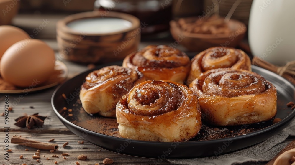 Traditional cinnamon rolls served on a black plate with a background of milk and eggs against a wooden table Traditional cinnamon rolls served on a black plate with a background of milk and eggs against a wooden table