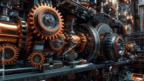 A close up of a machine with many gears and a large one with a gold rim