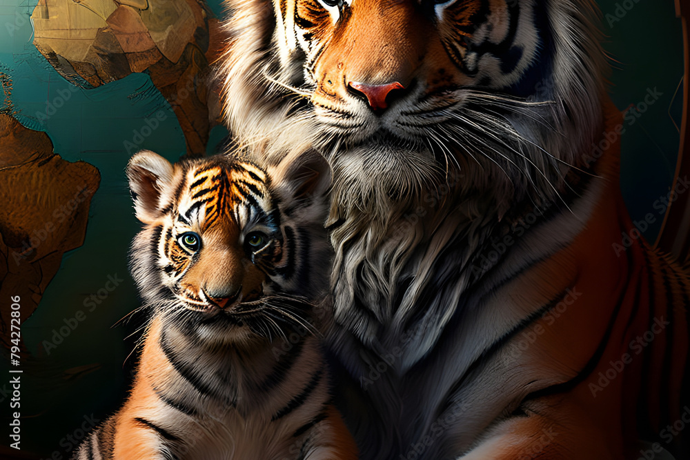 International Tiger Day. Tiger sits with a small tiger cub against the backdrop of the globe International Tiger Day. Tiger sits with a small tiger cub against the backdrop of the globe