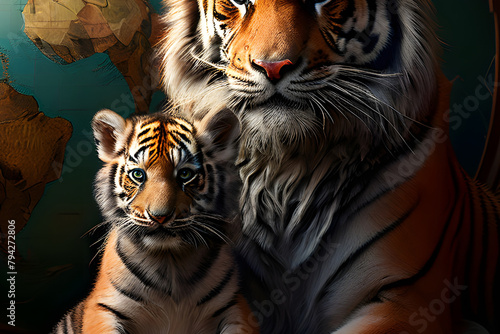 International Tiger Day. Tiger sits with a small tiger cub against the backdrop of the globe