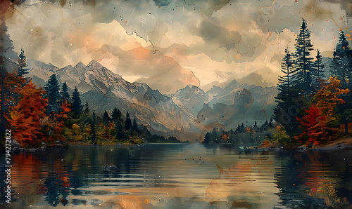 A watercolor painting of a serene autumn landscape with colorful mountains  forests  and a lake.