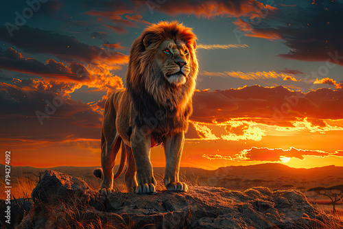 A majestic lion stands tall, his mane flowing in the wind as he looks out over an ancient kingdom under orange and blue twilight sky. Created with Ai