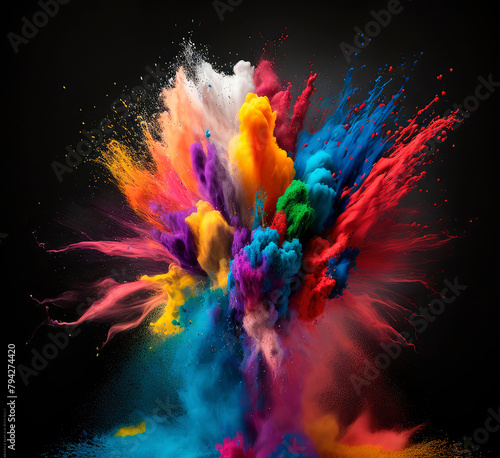 Colorful rainbow holi paint splash  explosion of colored powder on black background. Generative AI 