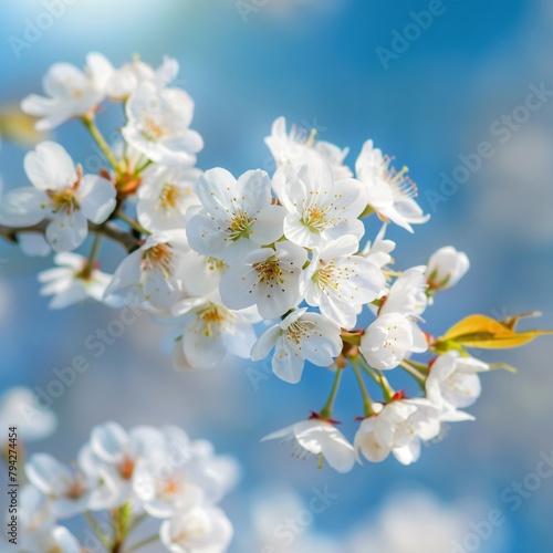 White cherry blossoms in full bloom against the blue sky 