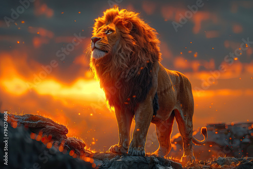  A majestic lion stands proudly on the edge of an ancient  burning city at sunset. Created with Ai