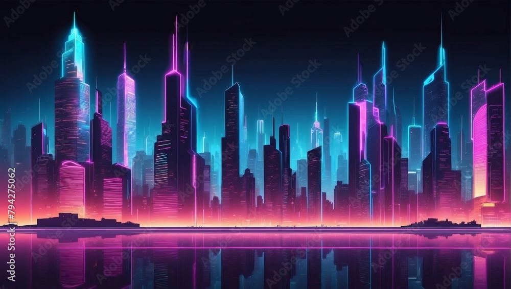 Futuristic Cityscape Vector Illustration with Neon Lights and Space Effect. Embracing Modernity and Technology.